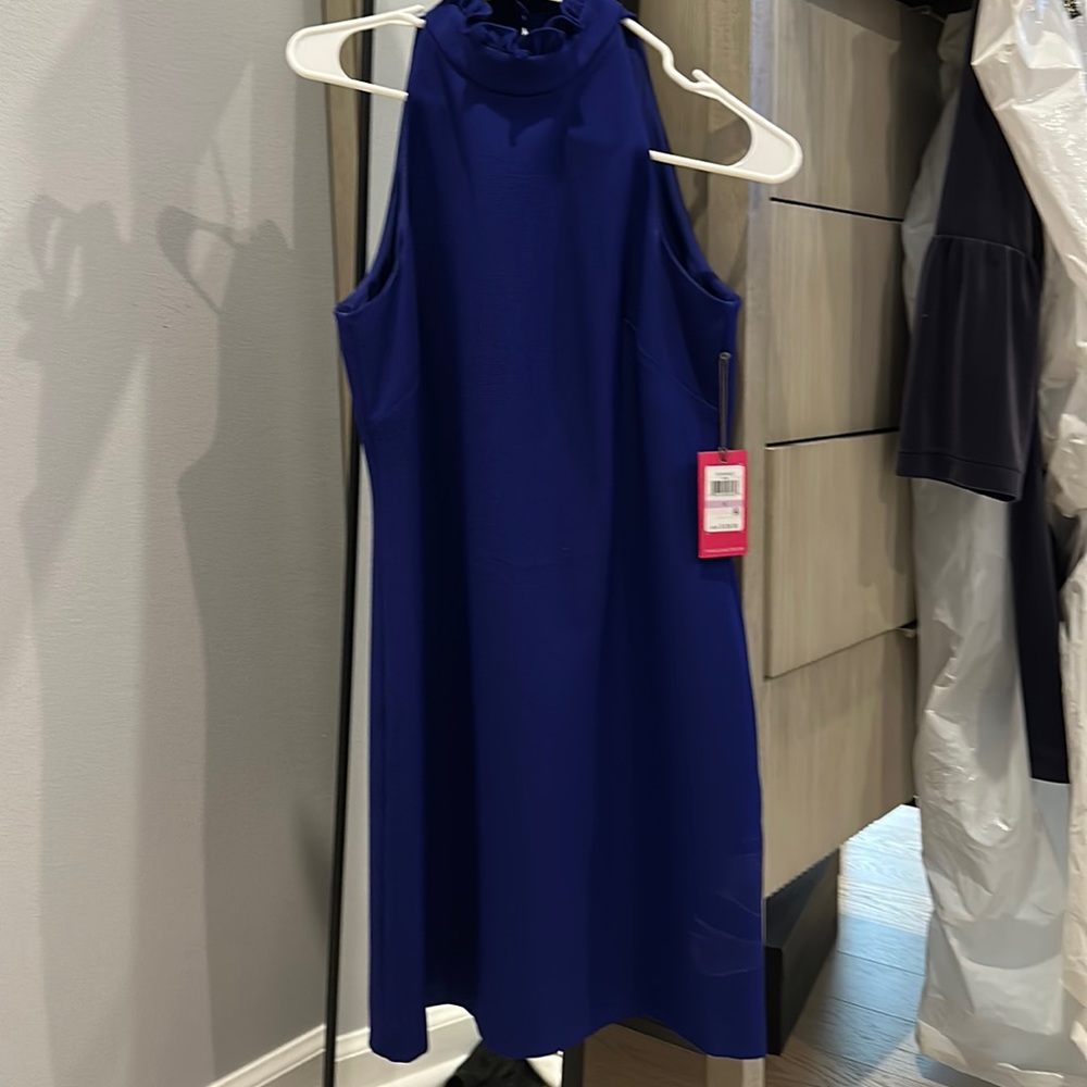 VINCE CAMUTO periwinkle blue dress, ruffled high collar, halter, flattering
